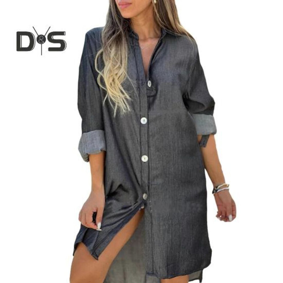 (black, XL) Denim Shirt Dress Shirt Collar Long Sleeves Women A-Line Style Dress Solid Color Single Breasted Knee-Length Dress