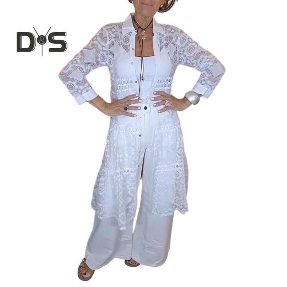 (XL, white) Women Shirt Lapel Solid Color Long Sleeve Button Down Blouse Mid-length Embroidery Lace Flower Pattern Shirt Tops