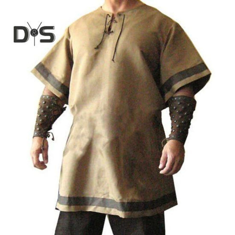 (khaki, M) Viking Warrior Costume Medieval Men Shirt Viking Knight Outfit Vintage Renaissance Nordic Pirate Tunic Shirt For Cosplay Stage Performances