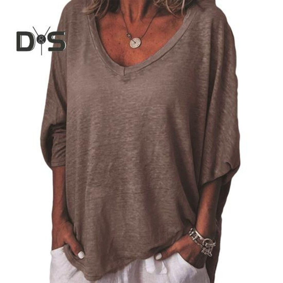 (L, brown) Women T-shirt V-Neck 3/4 Batwing Sleeve Pullover Tops Solid Color Loose Fit Thin Tees Breathable Lightweight Tees