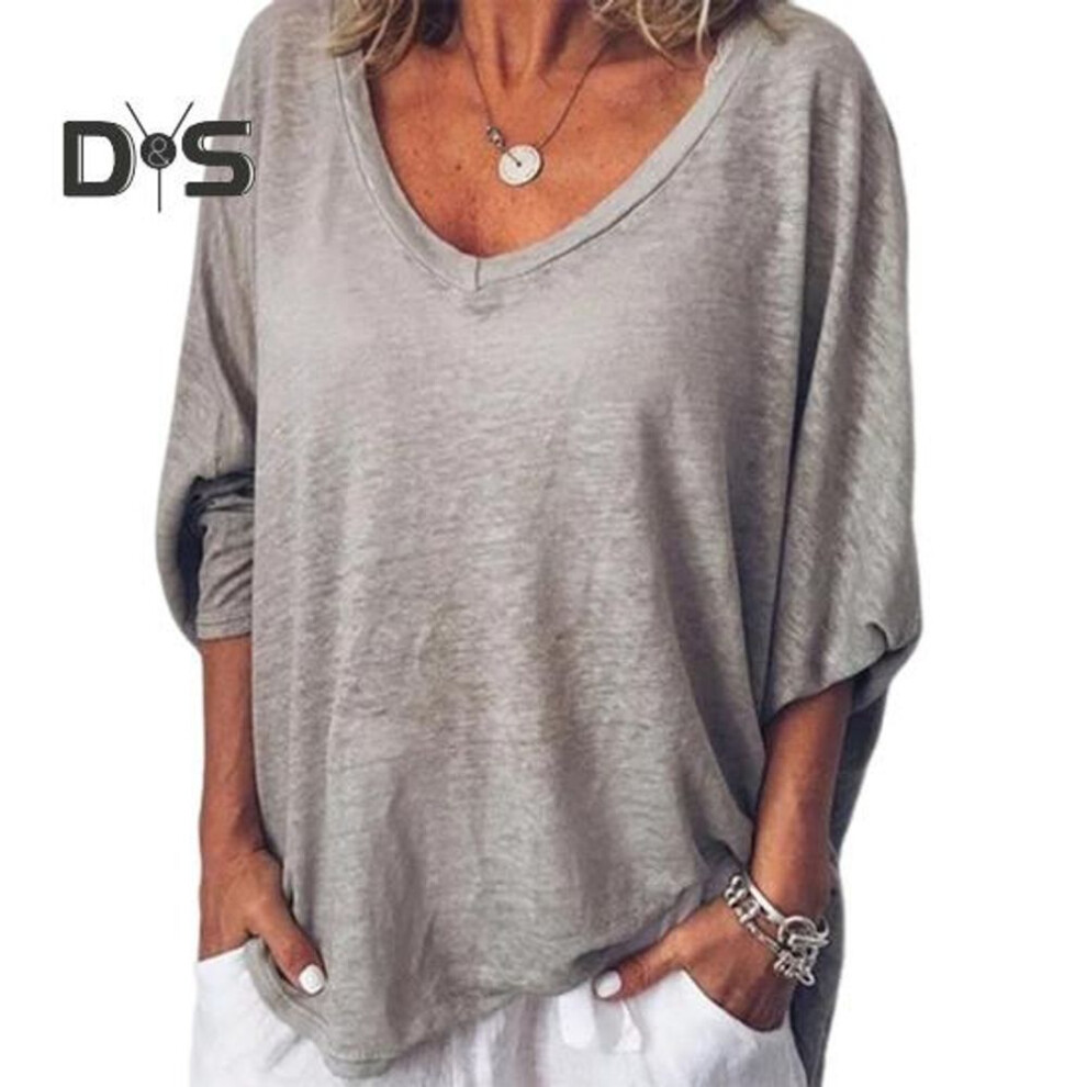 (3XL, grey) Women T-shirt V-Neck 3/4 Batwing Sleeve Pullover Tops Solid Color Loose Fit Thin Tees Breathable Lightweight Tees