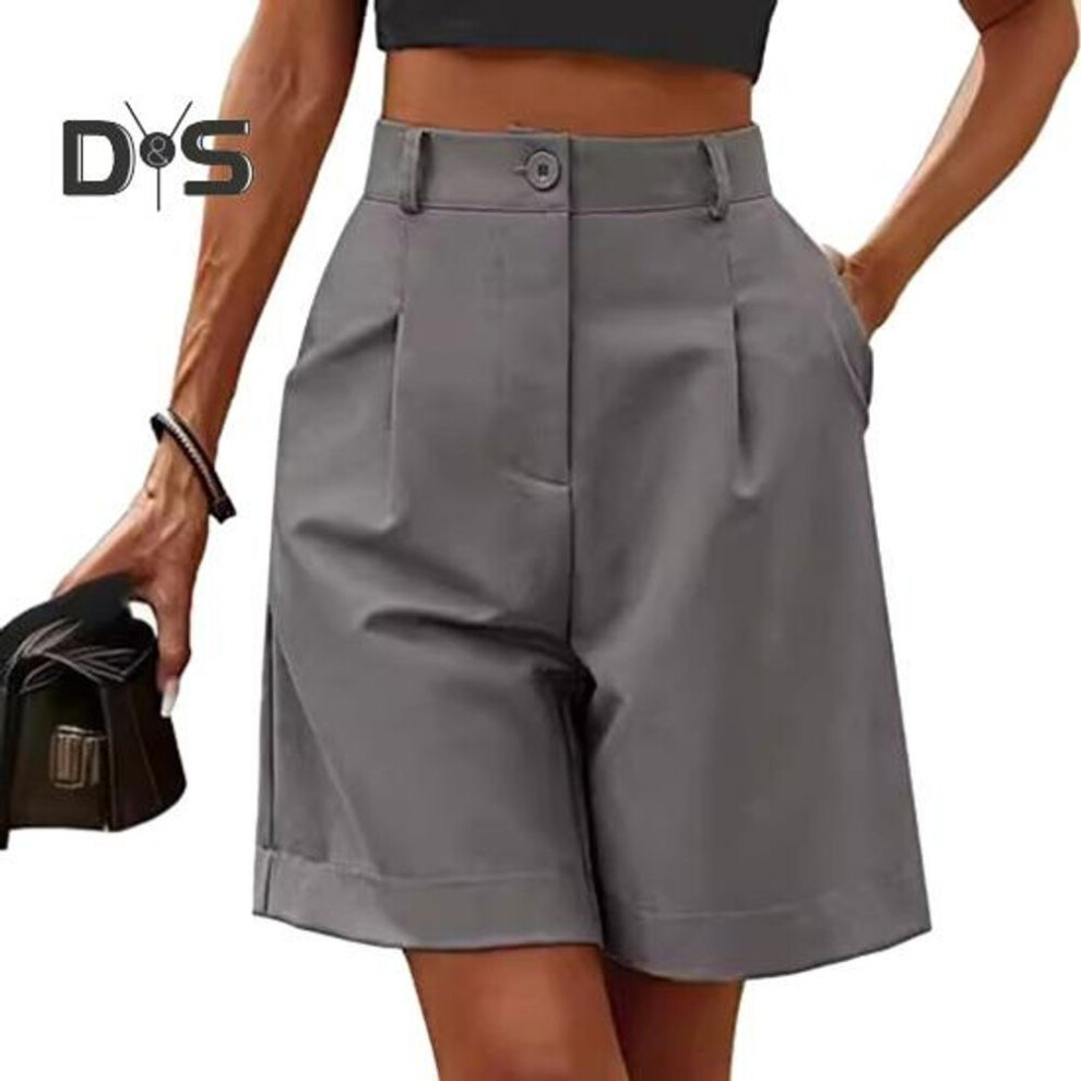 (grey, 2XL) Women's Summer High Waist Short Loose Fit Knee-Length Wide Leg Shorts with Pockets Casual Business Work Short