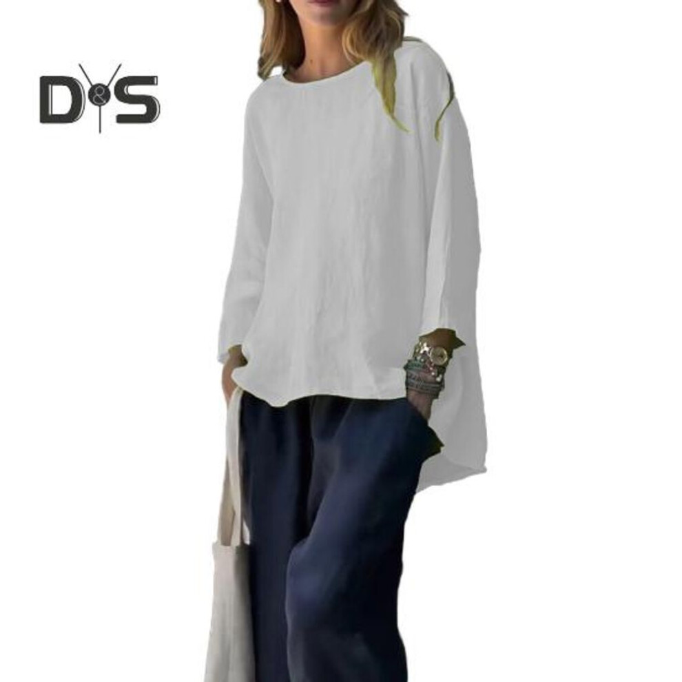 (3XL, white) Cotton Linen Women Tops Round Neck Long Sleeve Breathable Loose Fit Tee Shirt Solid Color Lightweight Tops