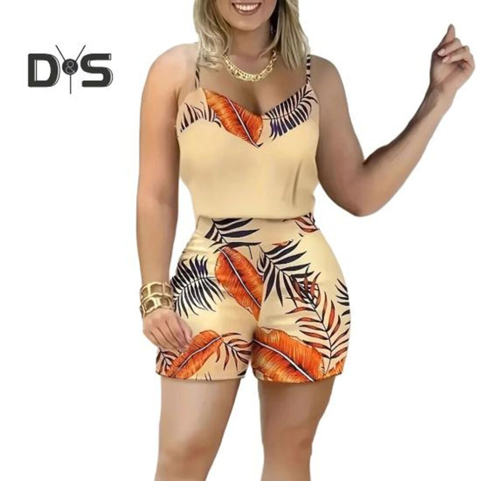 (apricot, 3XL) 2 Piece Printed Outfits Sleeveless Tank Tops Shorts Elastic Waist Shorts Breathable Lady Commute Outfit for Everyday Parties Office Club Vacation