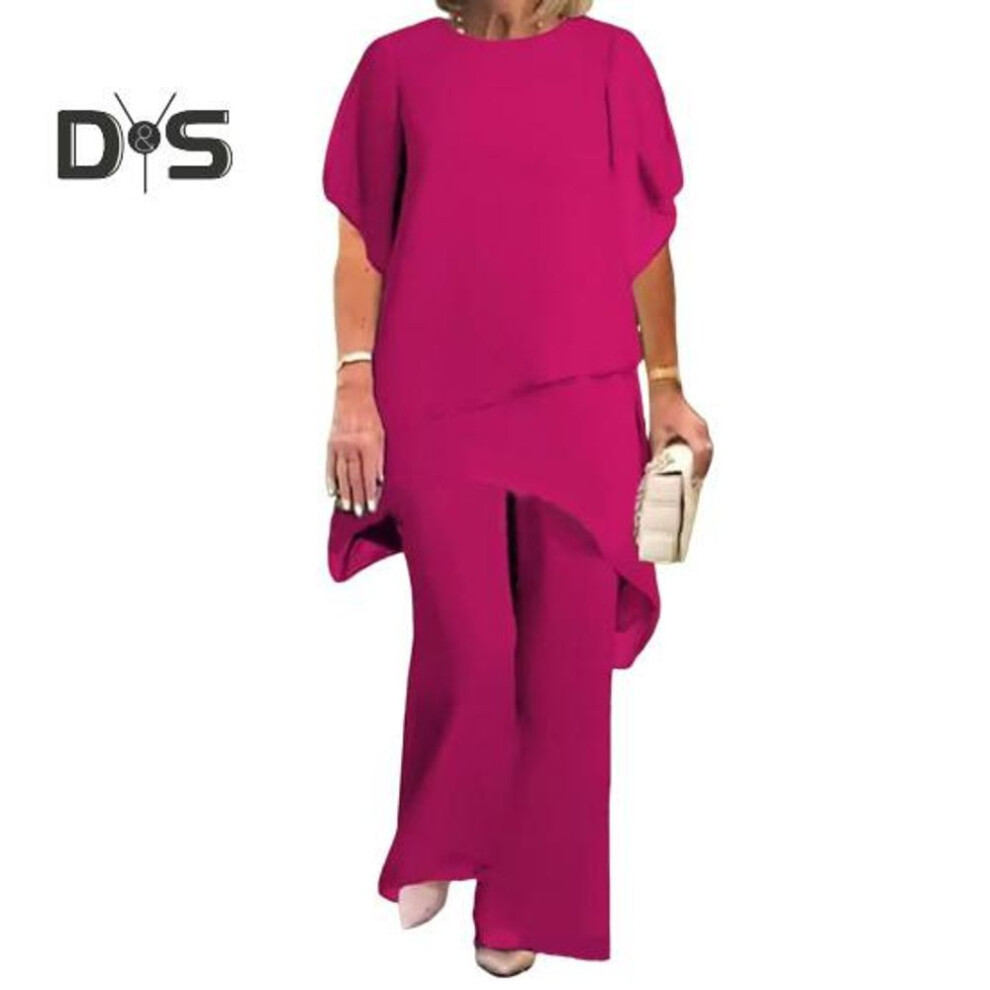 (rose red, XXXL) Women's 2-piece Chiffon Set Casual Plus Size Wide Pant Suit Ruffle Asymmetric Layers Wedding Guest Outfit For Spring Summer