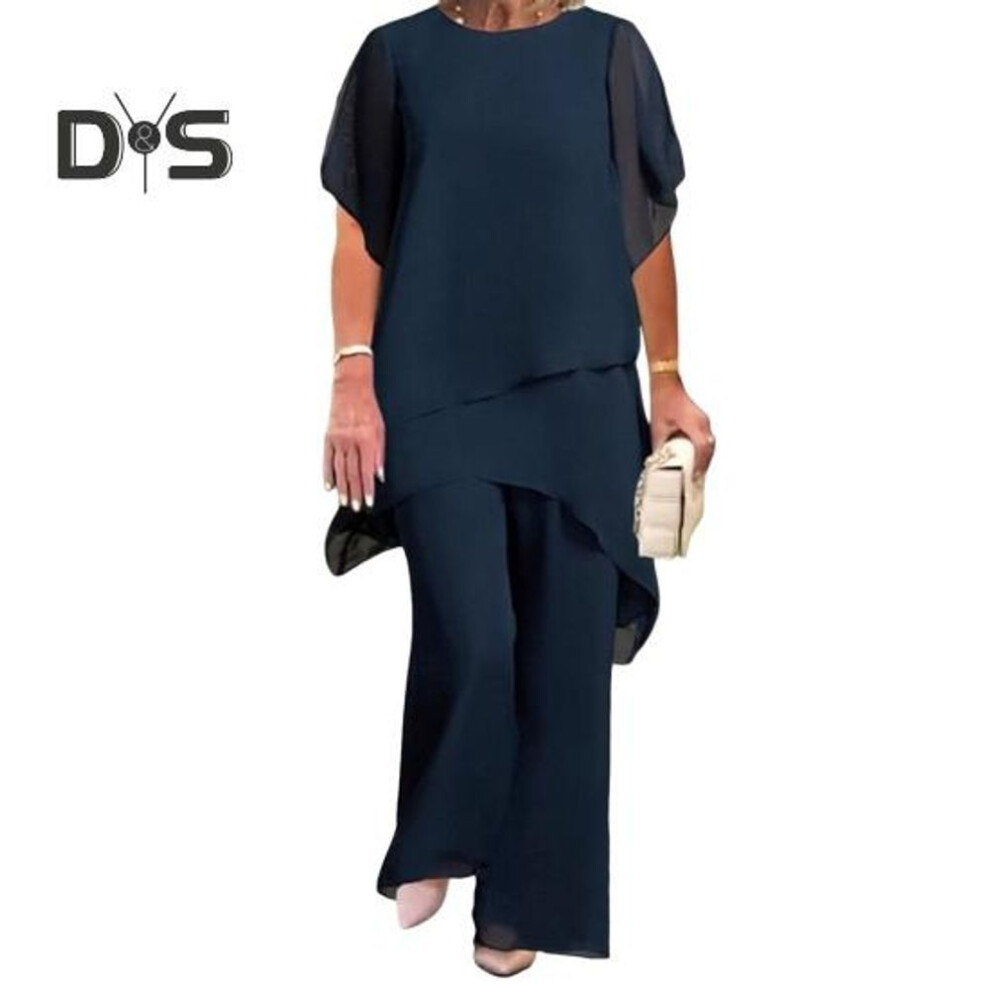 (navy blue, L) Women's 2-piece Chiffon Set Casual Plus Size Wide Pant Suit Ruffle Asymmetric Layers Wedding Guest Outfit For Spring Summer