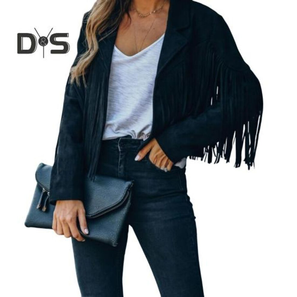 (black, M) Women's Casual Tassel Jacket Long Sleeve Lapel Fringed Cropped Coat Faux Suede Motorcycle Outwear for Spring Autumn
