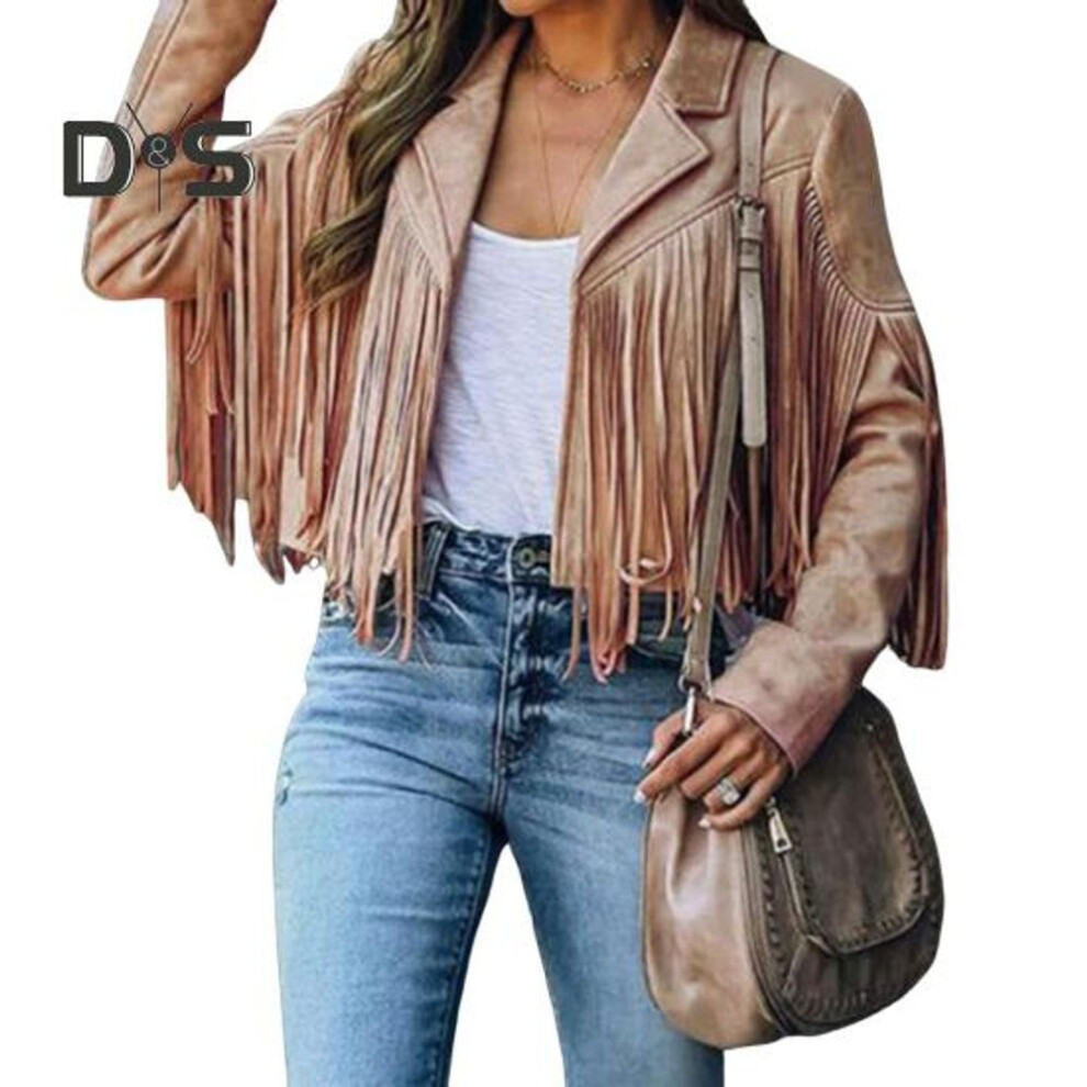 (brown, L) Women's Casual Tassel Jacket Long Sleeve Lapel Fringed Cropped Coat Faux Suede Motorcycle Outwear for Spring Autumn