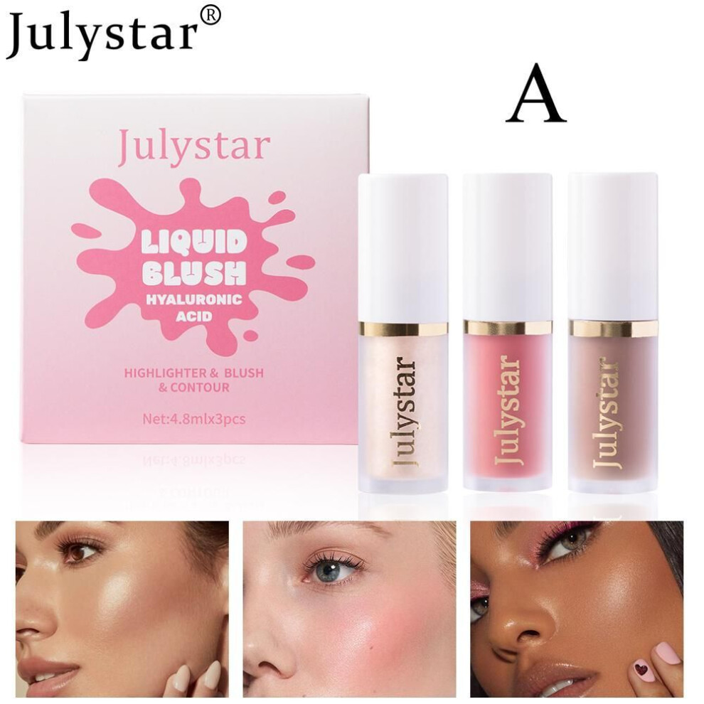 (A) 3Pcs Liquid Blush Set,Shades with Highlighter & Bronzer & Blush,Soft Velvet Cream Long Lasting Lightweight Blendable Color Blush