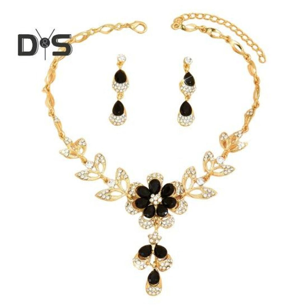 (black) 1 Set Women Jewelry Set Rhinestone Hollow Out Flower Shape Color Matching Water Drop Prom Party Wedding Bride Earrings Clavicle Necklace