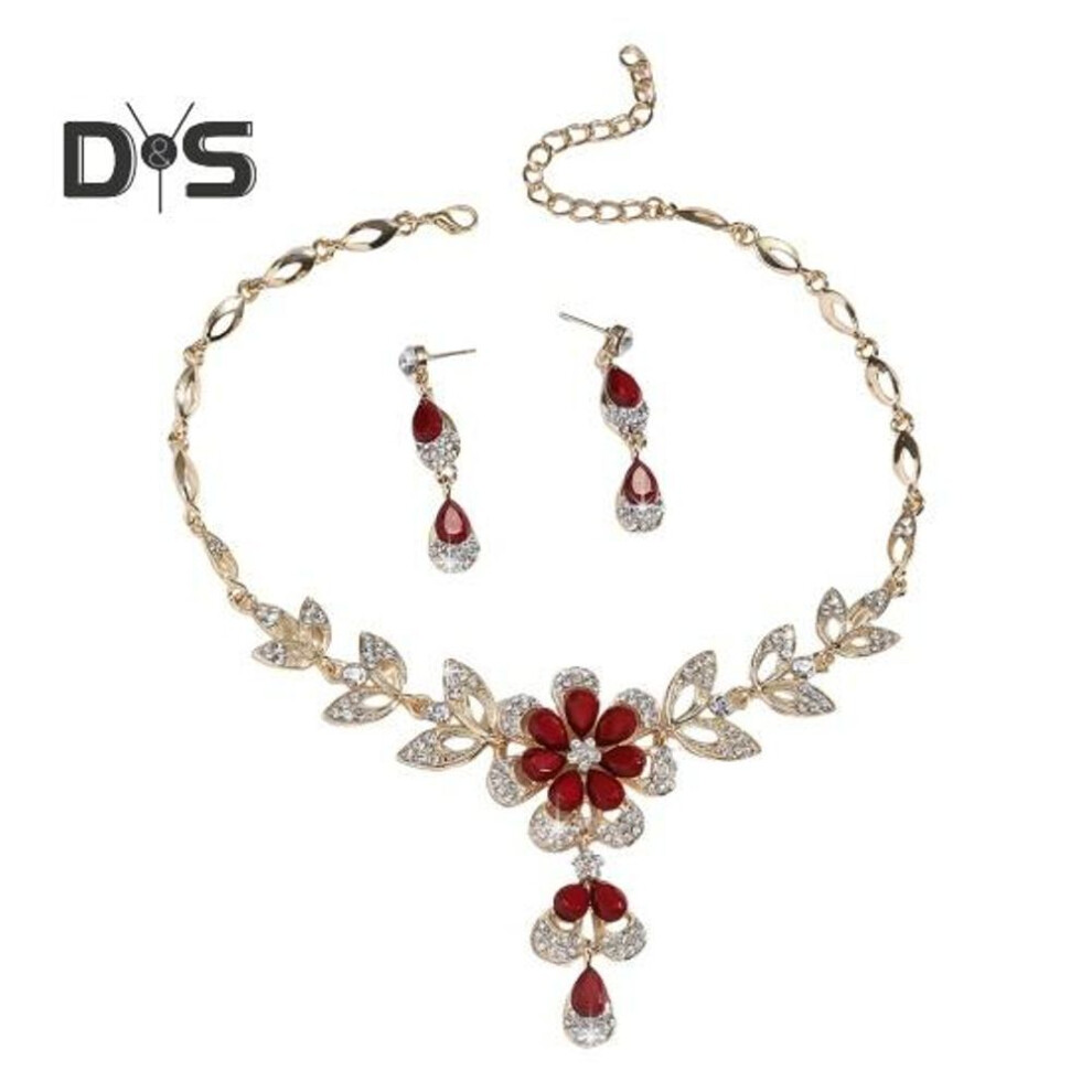 (red) 1 Set Women Jewelry Set Rhinestone Hollow Out Flower Shape Color Matching Water Drop Prom Party Wedding Bride Earrings Clavicle Necklace