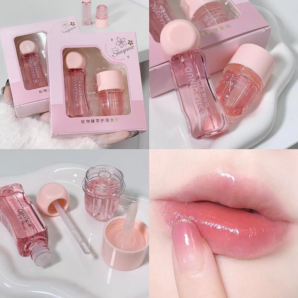 Shaqinuo Plant Extract Lip Care Set, Lip Oil & Lip Gloss Combination Moisturizing Dry Lips Transparent Clear Gloss