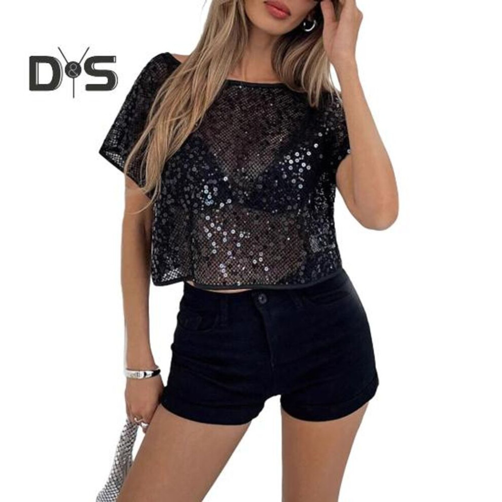 (M, black) Women T-shirt Round Neck Short Sleeve Shiny Sequins Tee Shirt Loose Fit Hollow Design Casual Breathable Tops