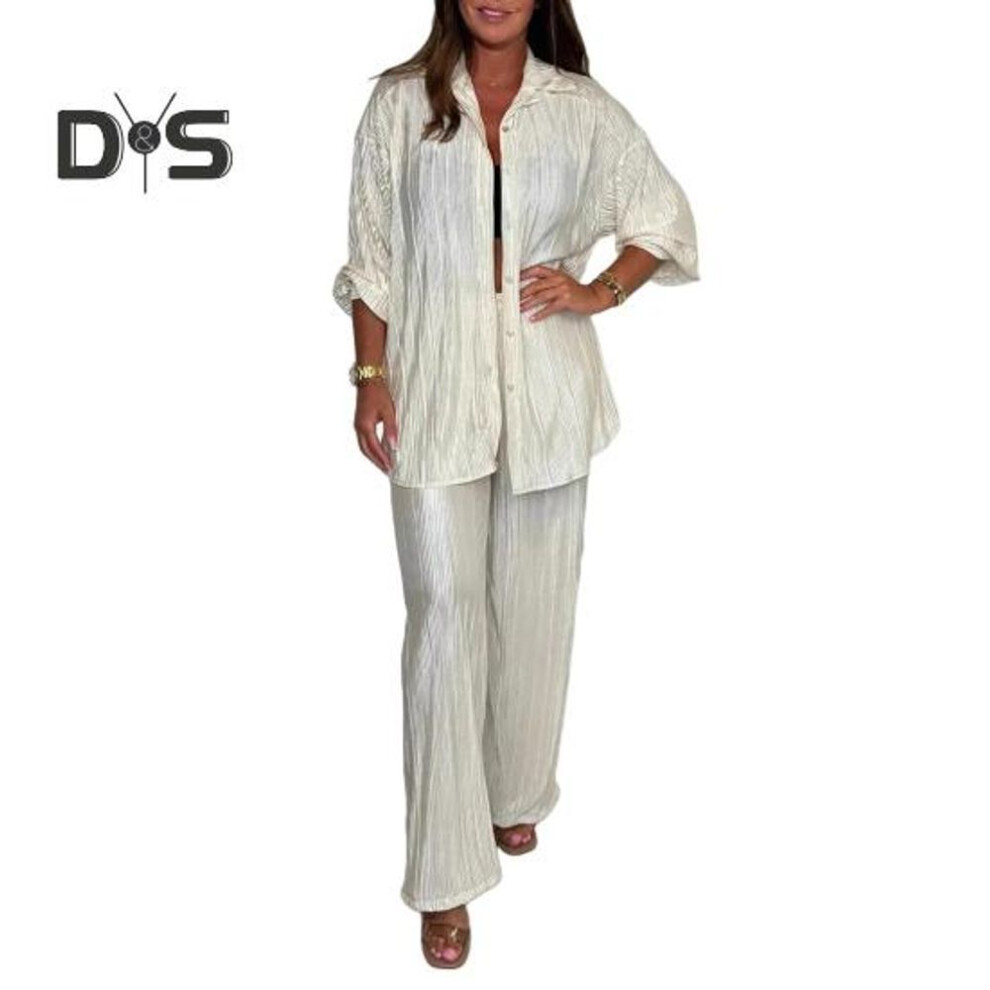 (beige, 3XL) Casual 2 Piece Outfit For Women Long Sleeve Button Down Shirt Wide Leg Pants Set Summer Pleated Loungewear Matching Suit