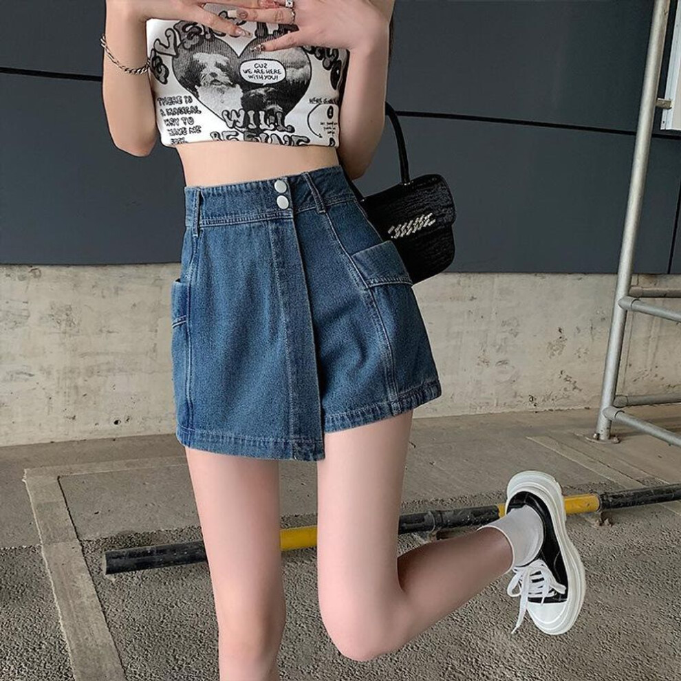 (blue, S) Summer American Plus Size Shorts Women's High Waist Denim Skirt Fashion Design Sense Pants Skirt