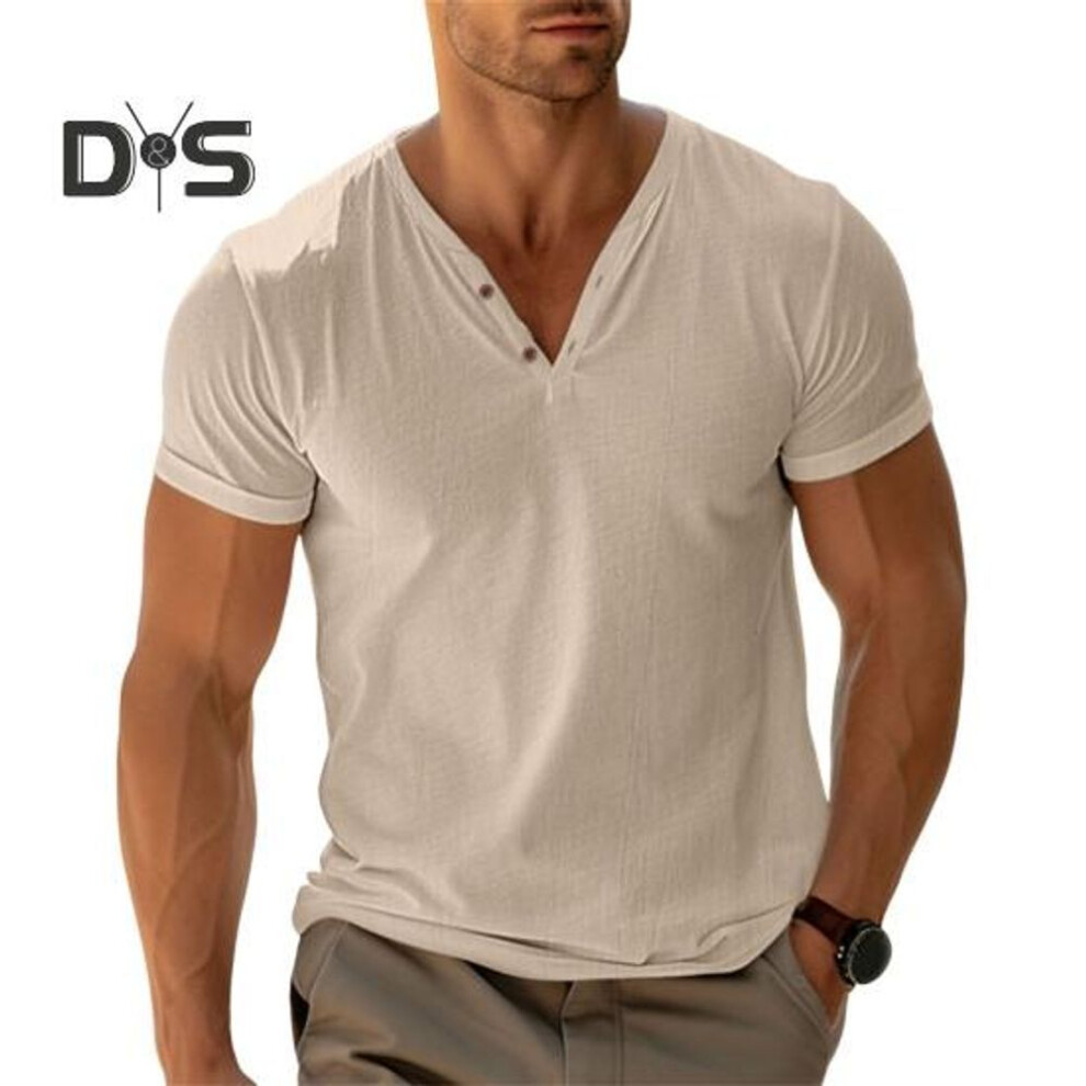 (camel, M) Men's Henry Collar T-shirt Short Sleeve Solid Color Summer Tee Shirt Cotton Blend Casual Top for Daily Wear Beach Travel