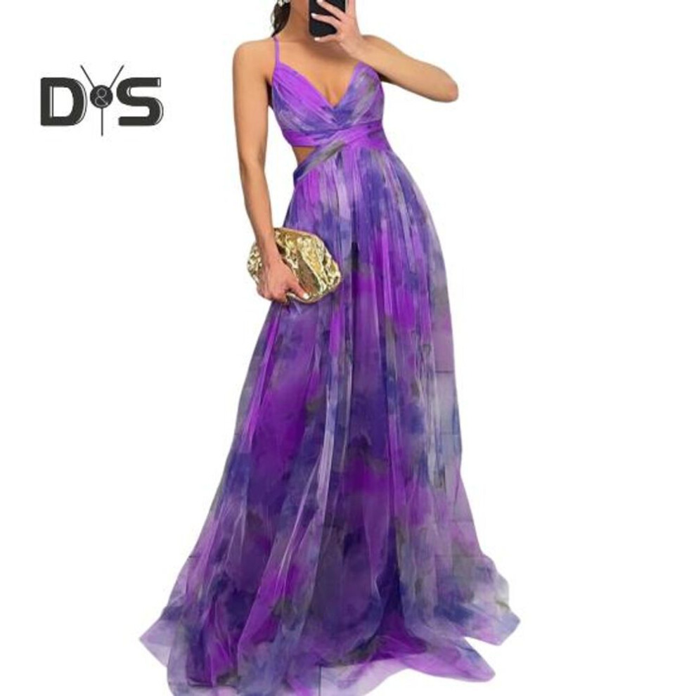 (purple, XL) Women's Spaghetti Strap Maxi Dress Floral Boho Deep V-Neck Hollow Out Mesh Pleated Dress Summer Beach Party Swing Long Dress