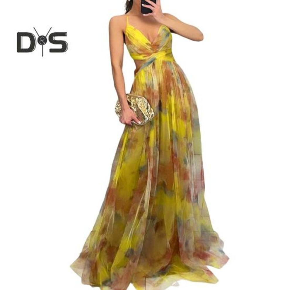 (yellow, M) Women's Spaghetti Strap Maxi Dress Floral Boho Deep V-neck Hollow Out Mesh Pleated Dress Summer Beach Party Swing Long Dress