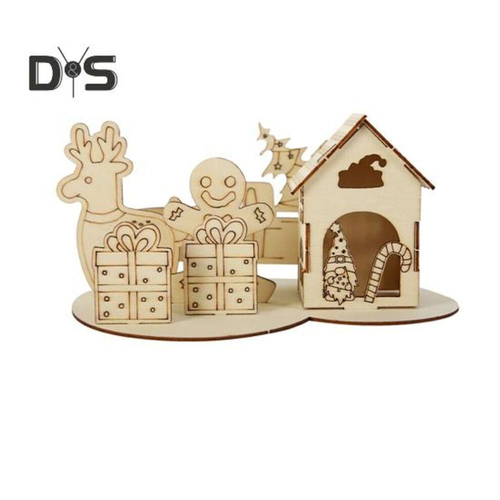 (as the picture, B) Wooden House Puzzle Block Christmas Building Block Ornament Kit Xmas Desktop Decoration Educational DIY Craft for Kids Adults