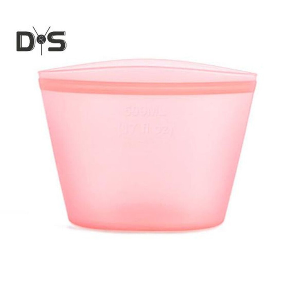 (pink, 500ML) Silicone Food Storage Bag Bpa Free Heat-resistant Stand-up Design Microwave Oven Safe Reusable Freezer Bag Silicone Container