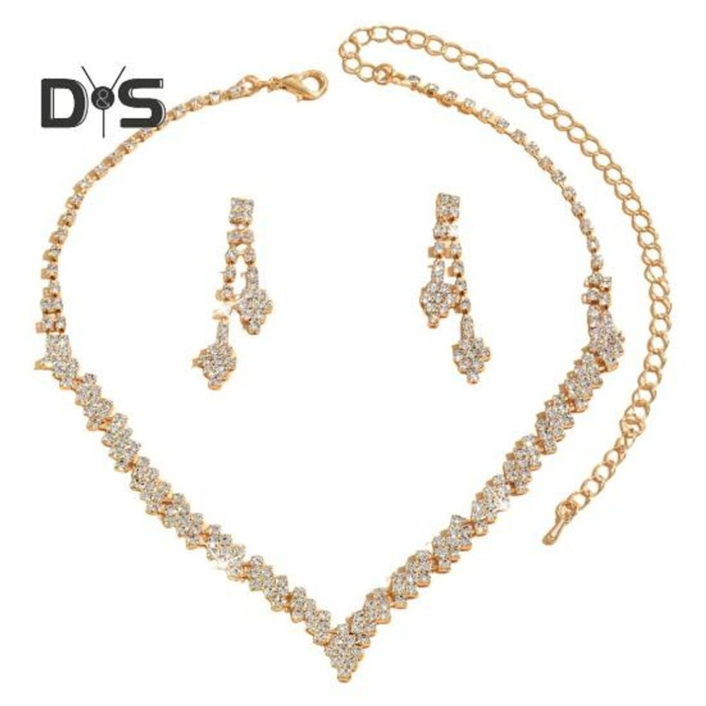 (golden) 1 Set Women Necklace Earrings Set Rhinestone Adjustable V-shaped Neck Jewelry Copper Tassel Hanging Earrings Bride Wedding Prom Party Jewelry Set