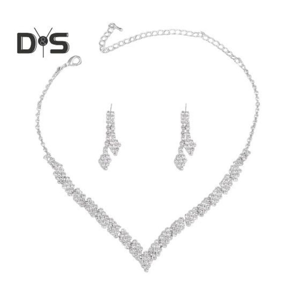 (silver) 1 Set Women Necklace Earrings Set Rhinestone Adjustable V-shaped Neck Jewelry Copper Tassel Hanging Earrings Bride Wedding Prom Party Jewelry Set