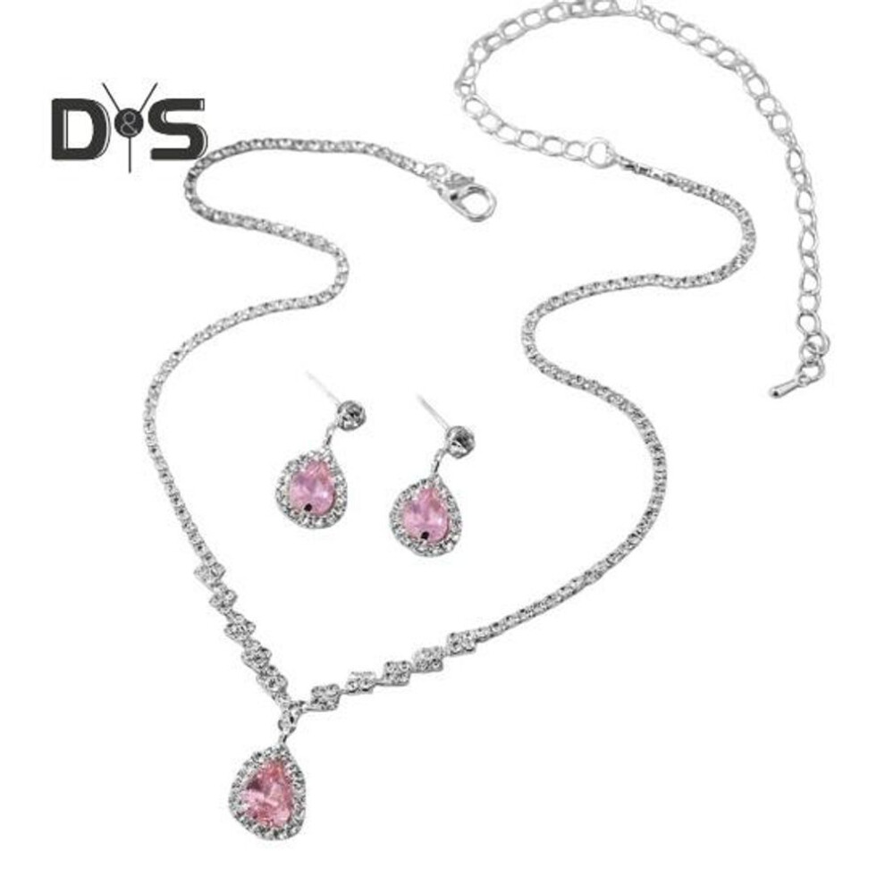 (pink) 1 Set Women Jewelry Set Rhinestone Necklace Earrings Prom Wedding Party Bride Water Drop Dangle Earrings Formal Occasions Neck Jewelry