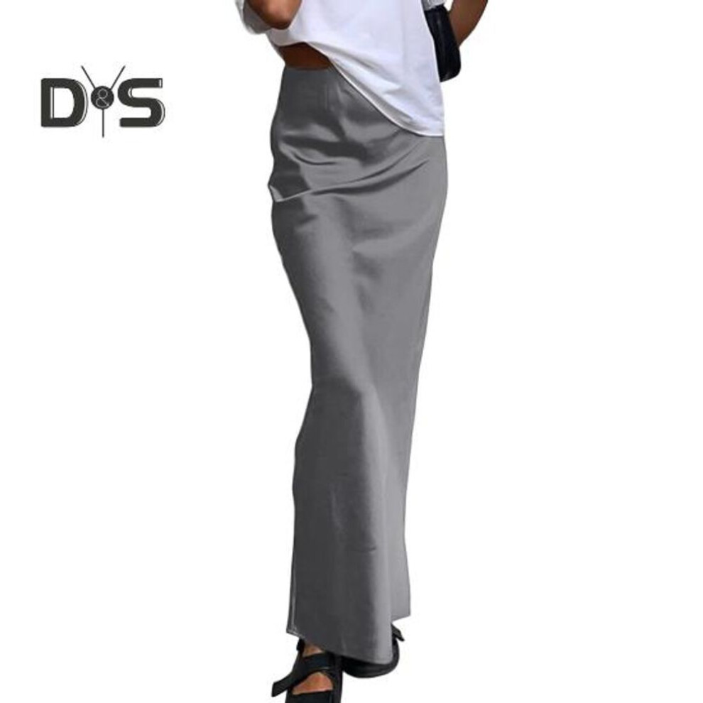 (L, grey) Women Satin Skirt High Waist Midi Long Skirt Slim Wrap Hip A-line Faux Silk Skirts For Spring Summer Streetwear