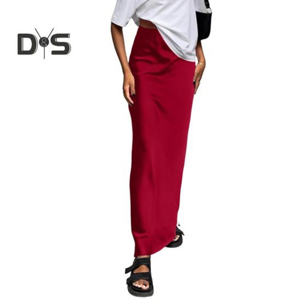 (M, wine red) Women Satin Skirt High Waist Midi Long Skirt Slim Wrap Hip A-line Faux Silk Skirts for Spring Summer Streetwear