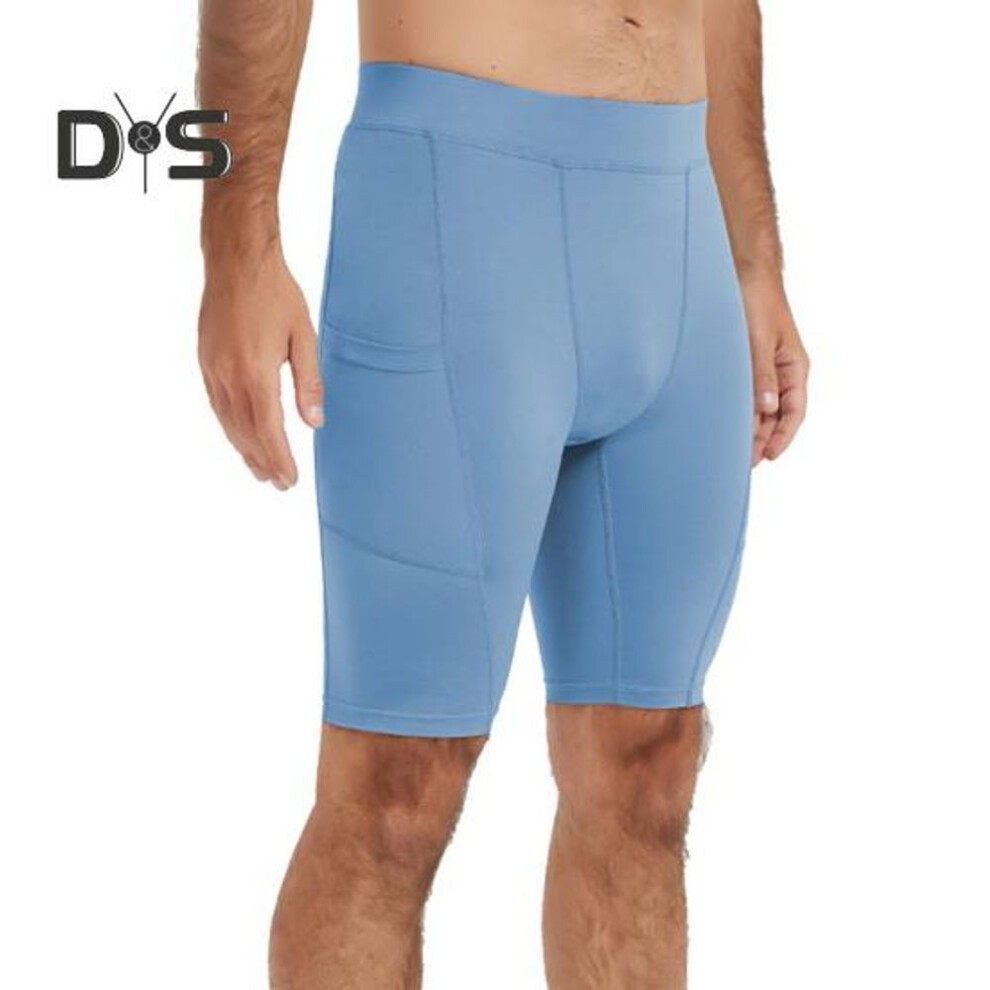 (blue, L) Men Training Shorts Compression Sweat Absorption Quick-drying Skinny Jogging Basketball Training Athletic Wear Fitness Cycling Knee Length Short
