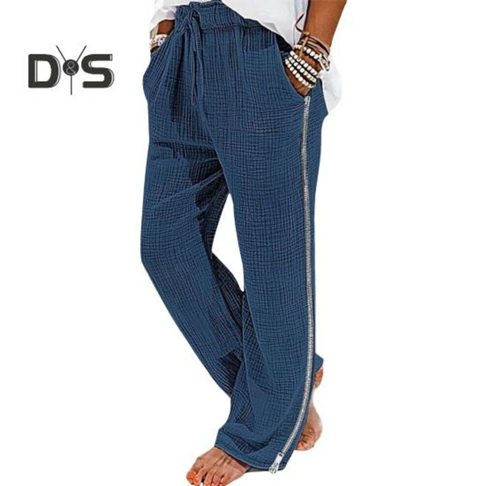 (blue, L) Men Vacation Pants Size Zipper Closure Drawstring Elastic Waist Solid Color Loose Wide Leg Casual Daily Wear Long Trousers