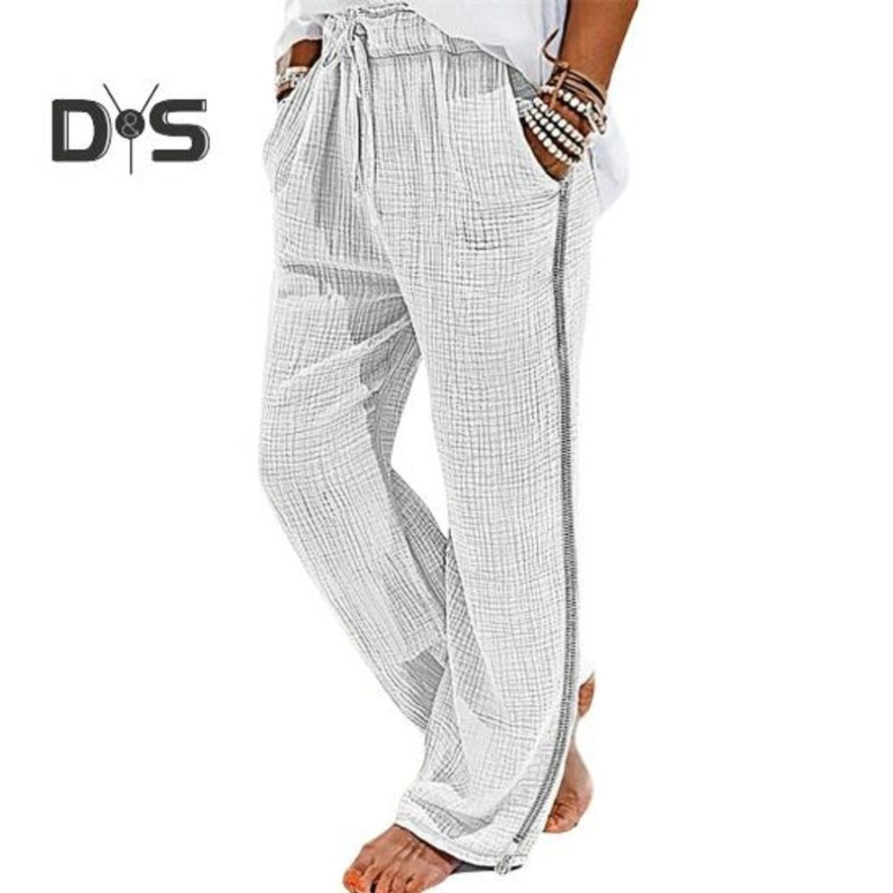 (white, XL) Men Vacation Pants Size Zipper Closure Drawstring Elastic Waist Solid Color Loose Wide Leg Casual Daily Wear Long Trousers