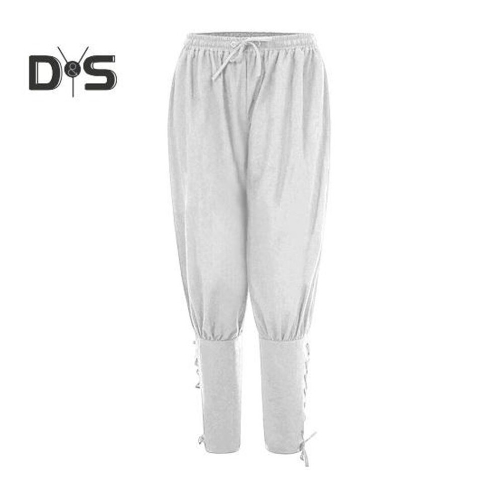 (white, XL) Men Pants Medieval Vikings Pirate Ankle-banded Lace-up Strap Elastic Waist Pleated Loose Solid Color Cropped Trousers Cosplay Performance Costume