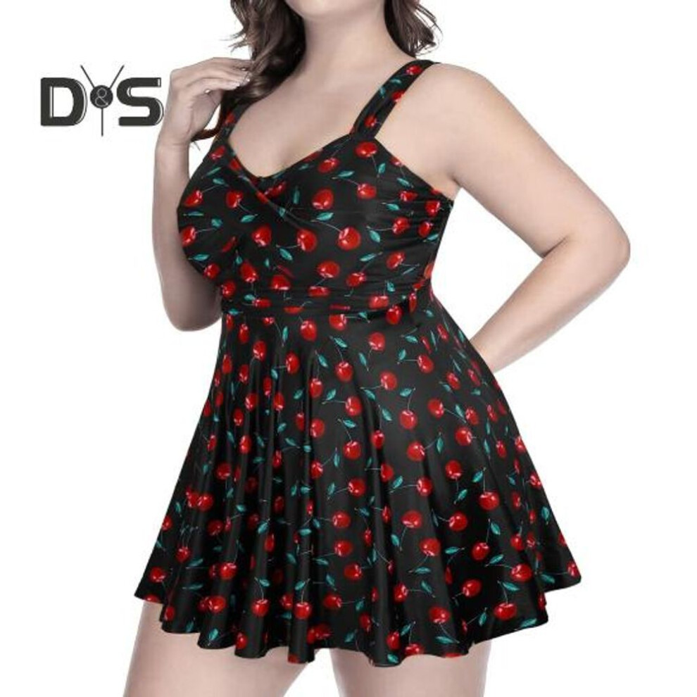 (M, black) 2pcs/set Women Two Piece Swimdress Plus Size Cherry Print Swimsuit With Boyshorts Summer Beach Pool Women Tankini Bathing Suit Swimwear