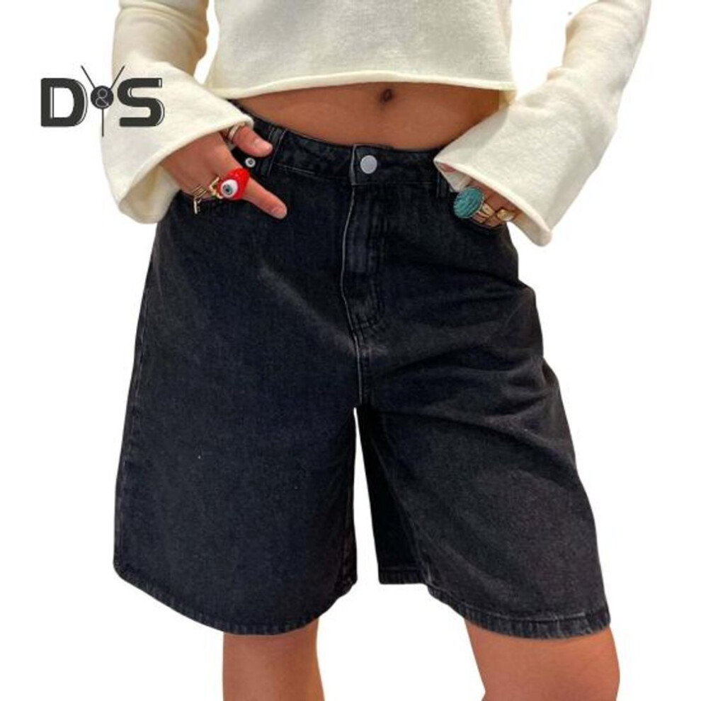 (black, M) Women's Knee-Length Denim Shorts with Pockets Mid Rise Baggy Denim Bermuda Shorts Straight Leg Jeans Short Pants