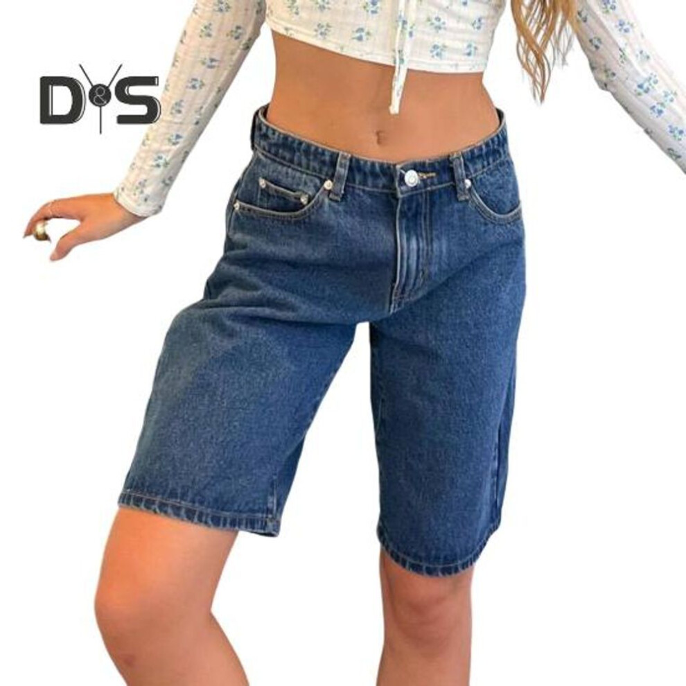 (blue, L) Women's Knee-Length Denim Shorts with Pockets Mid Rise Baggy Denim Bermuda Shorts Straight Leg Jeans Short Pants