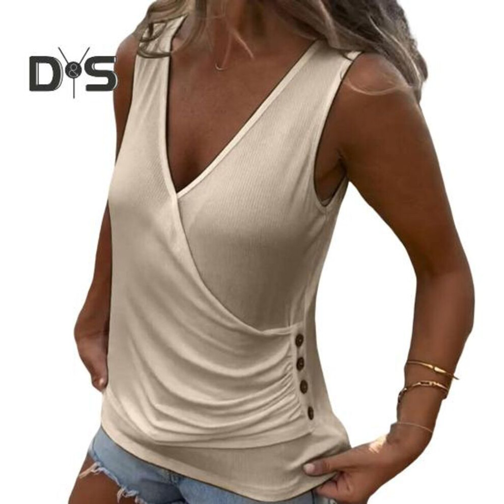 (2XL, apricot) Women Vest V-neck Sleeveless Pleated Buttons Decor Camisole Solid Color Summer Soft Stretchy Fabric Tops