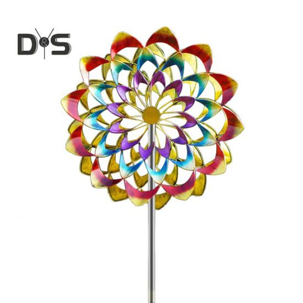 Colorful Flower Wind Spinner With Stake Weather-proof Outdoor Garden Yard Lawn Metal Rotary Windmill Ground Spike Decoration