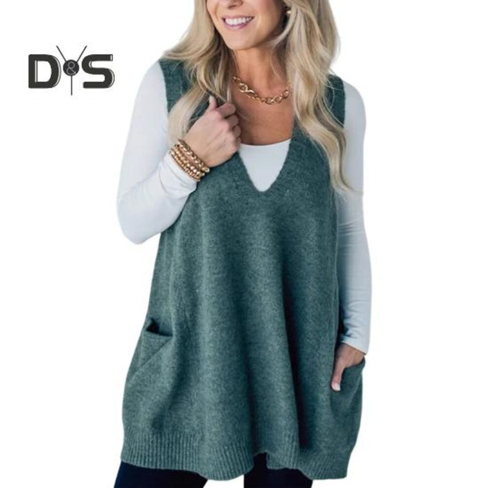 (green, M) Women Sweater Vest V-neck Sleeveless Pockets Mid-length Knitting Tops Solid Color Autumn Winter Casual Knitwear