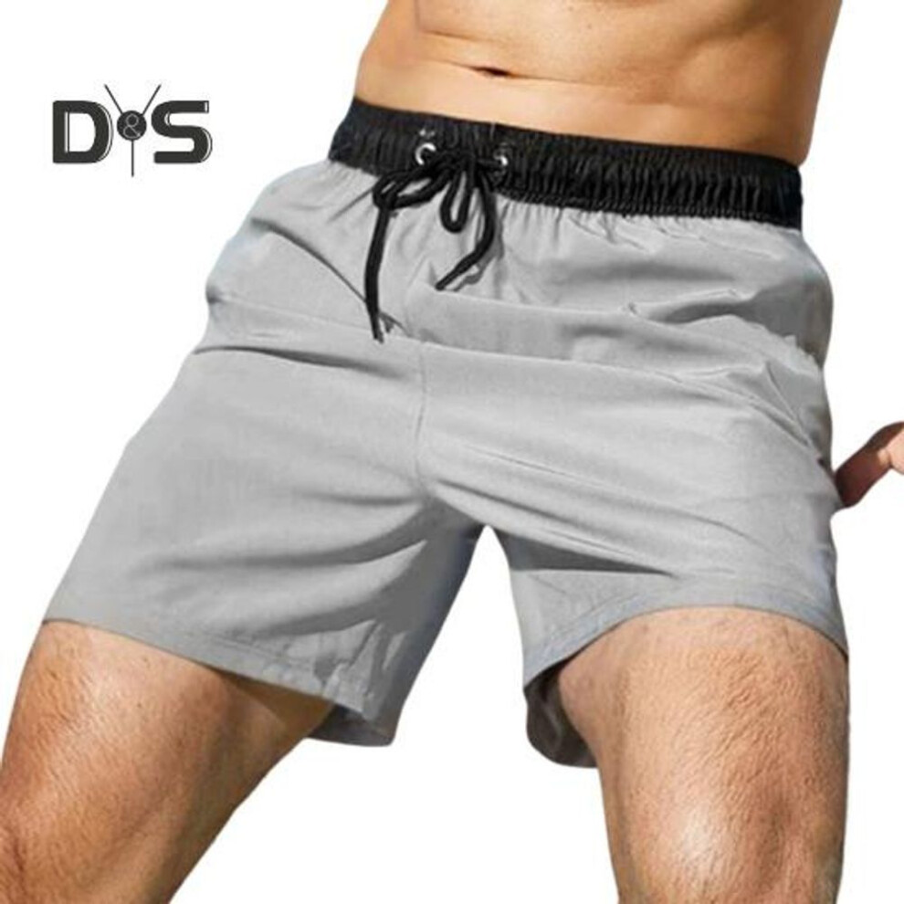 (light grey, M) Men Summer Shorts Elastic Waist Adjustable Drawstring Beach Shorts With Pockets Double Layer Work Gym Athletic Shorts