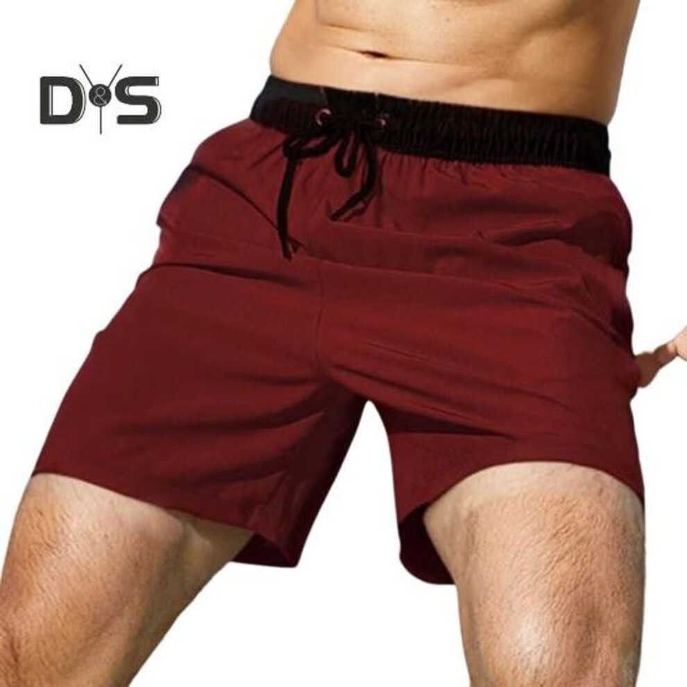 (brick red, M) Men Summer Shorts Elastic Waist Adjustable Drawstring Beach Shorts with Pockets Double Layer Work Gym Athletic Shorts