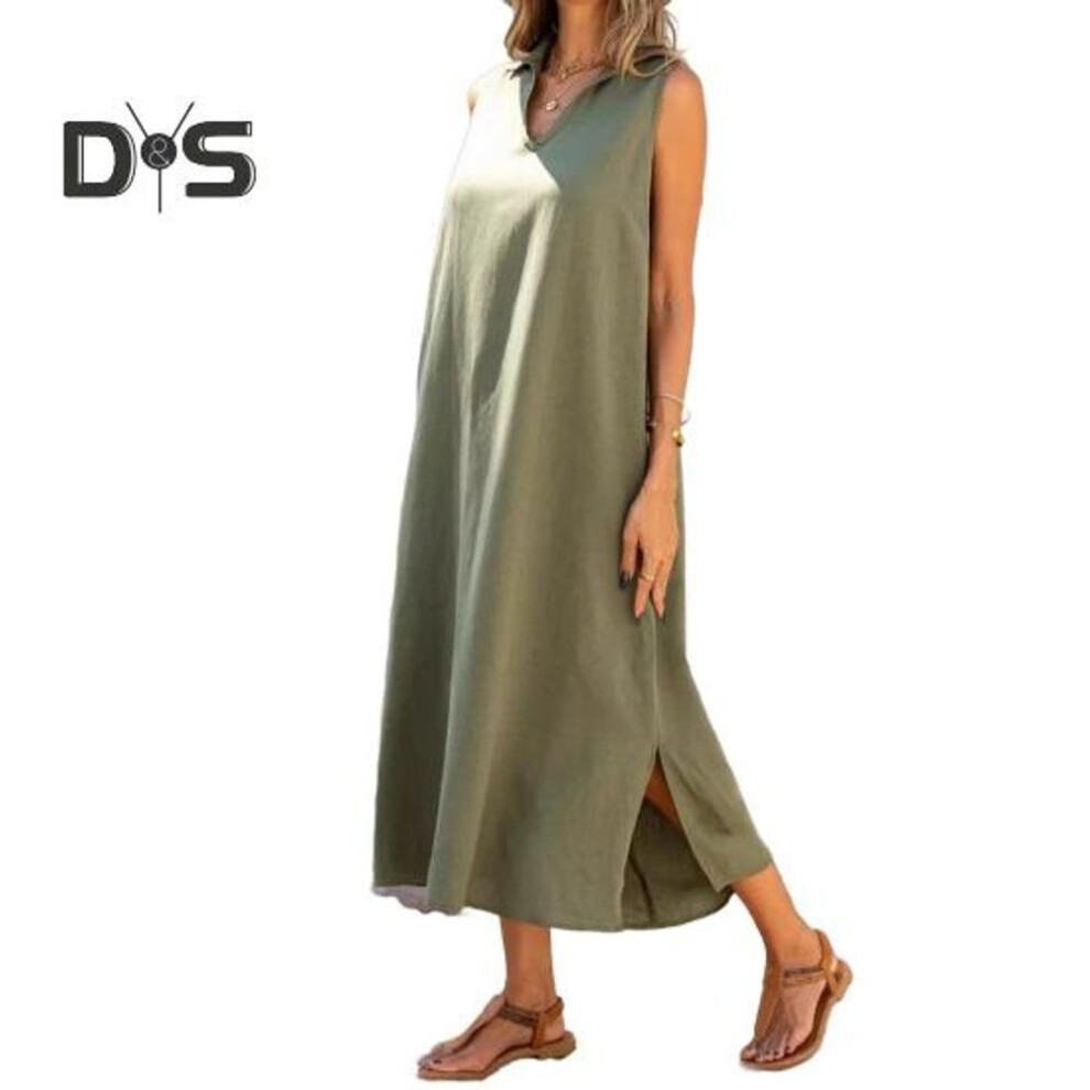 (army green, XL) Women's Cotton Linen Maxi Dress Casual V-neck Sleeveless Loose Tank Dress Summer Beach Long Split Sundress