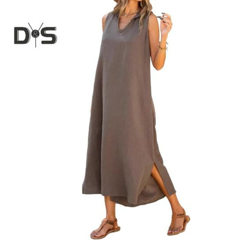 (camel, XL) Women's Cotton Linen Maxi Dress Casual V-neck Sleeveless Loose Tank Dress Summer Beach Long Split Sundress