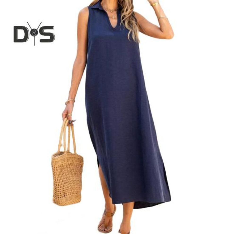 (dark blue, L) Women's Cotton Linen Maxi Dress Casual V-neck Sleeveless Loose Tank Dress Summer Beach Long Split Sundress