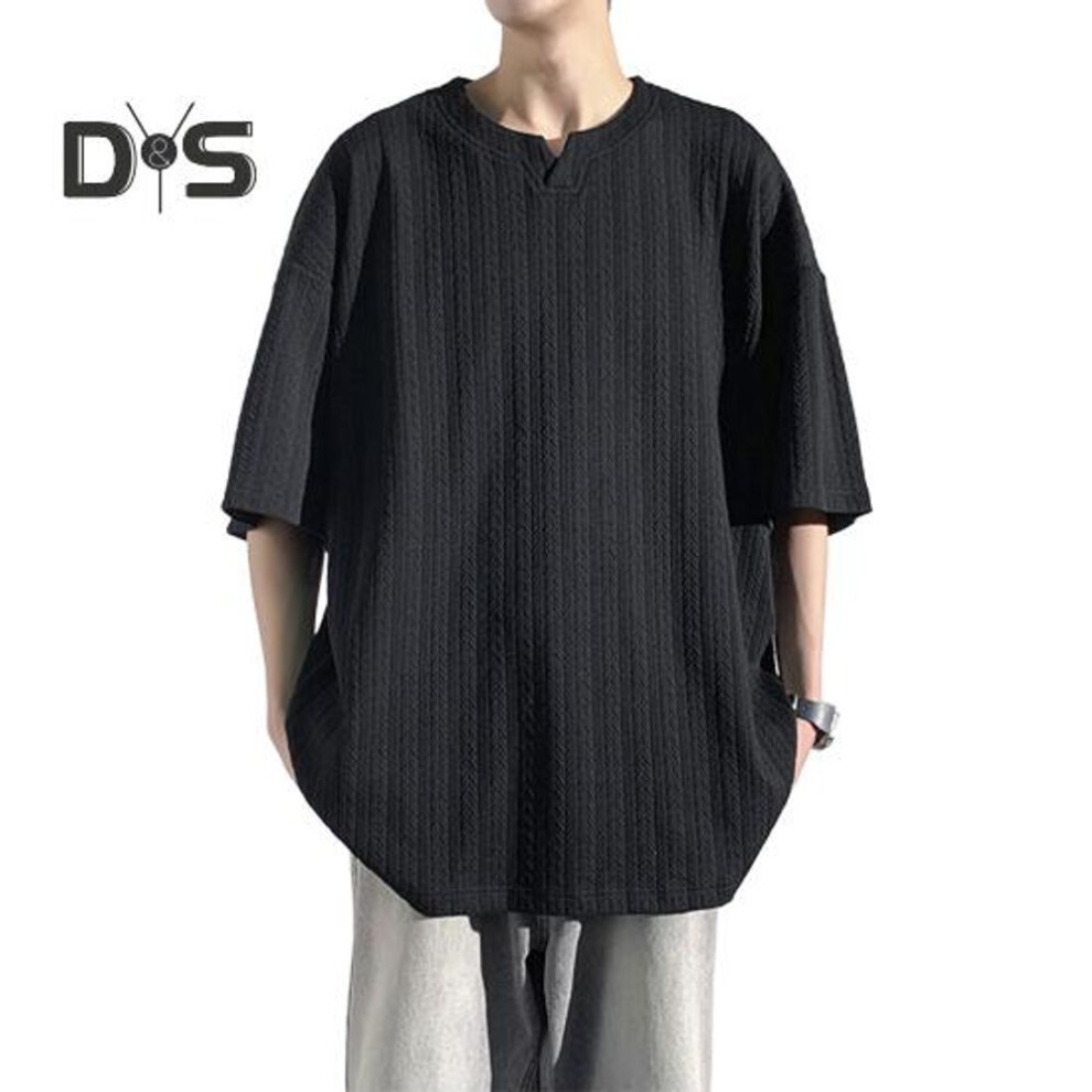 (black, 3XL) Men T-shirt Small V-neck Short Sleeve Twist Texture Tee Shirt Solid Color Loose Fit Ice Silk Casual Tops Daily Wear