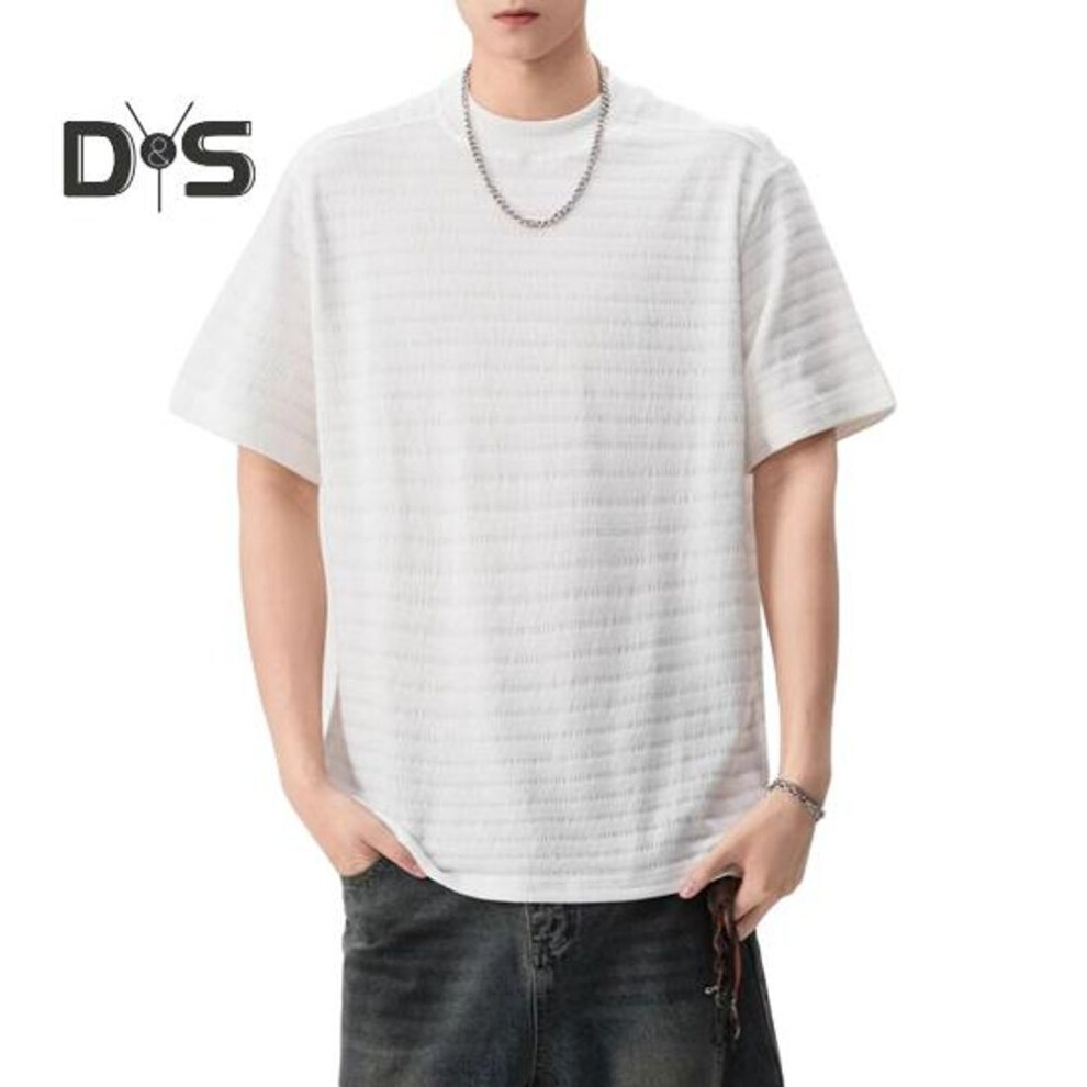(white, M) Men T-shirt Round Neck Short Sleeve 3D Striped Jacquard Design Tee Shirt Solid Color Loose Fit Summer Casual Tops