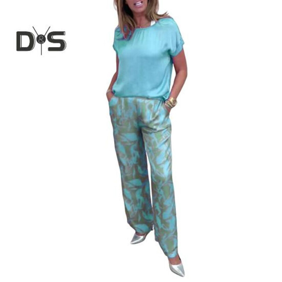 (light blue, M) Women's Boho Print Two Piece Set Casual Crew Neck Short Sleeve Tops Wide Leg Pants Set Summer Loungewear Outfit