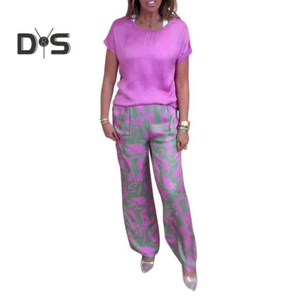 (purple, M) Women's Boho Print Two Piece Set Casual Crew Neck Short Sleeve Tops Wide Leg Pants Set Summer Loungewear Outfit