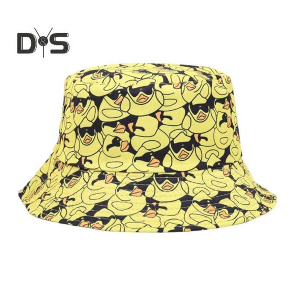 (black) Fisherman Hat Flat Dome Wide Brim Yellow Duck Print Basin Hat Lightweight Breathable Outdoor Sun Hat