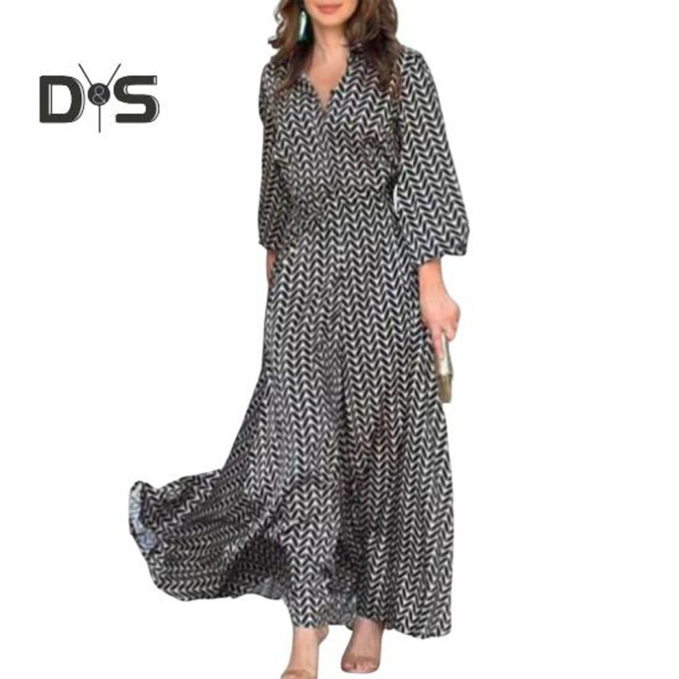 (black, M) Women's Summer Maxi Dress V Neck Long Sleeve Flowy A-line Dress Casual Long Beach Sundress For Daily Vacation Parties